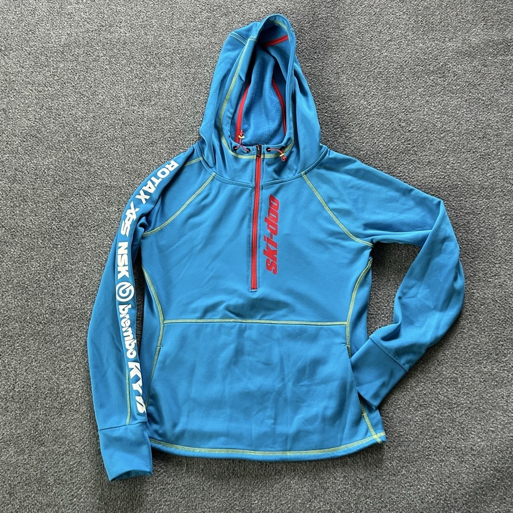 BRP Ski-Doo Hoodie Mens Medium Blue 1/4 Zip Fleece Pullover Snowmobile Racing